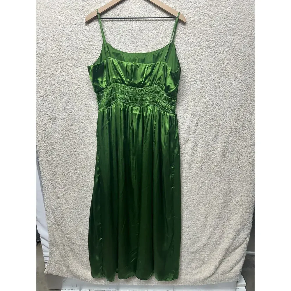 Abercrombie & Fitch Green Satin Smocked Waist Maxi Dress Medium